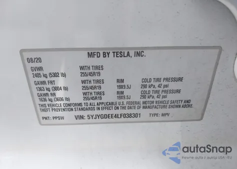 2020 Tesla Model Y Long Range Dual Motor All-Wheel Drive from USA, damaged, VIN 5YJYGDEE4LF038301